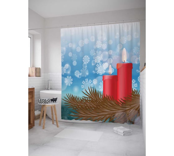 Штора (занавеска) для ванной JoyArty "Зимние свечи" из сатена, 180х200 см с крючками, sc_5695 1
