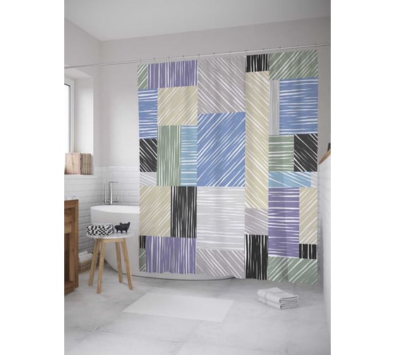 Штора (занавеска) для ванной JoyArty "Полосатые лоскуты" из сатена, 180х200 см с крючками, sc_32362 1