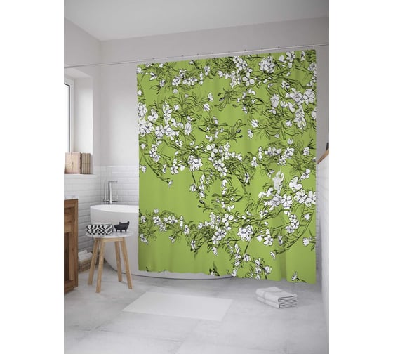 Штора (занавеска) для ванной JoyArty "Ветви с цветами" из сатена, 180х200 см с крючками, sc_59974 1