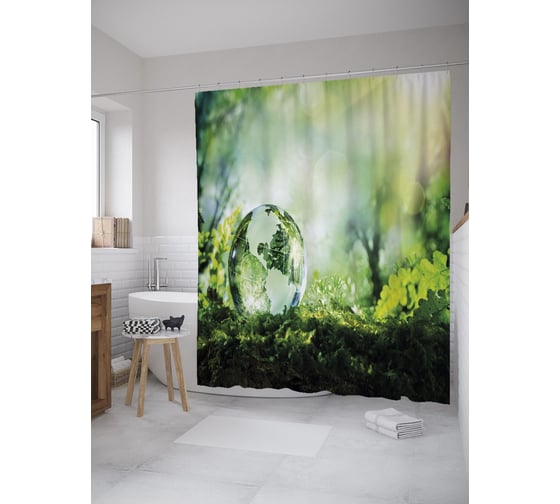 Штора (занавеска) для ванной JoyArty "Планета в росе" из сатена, 180х200 см с крючками, sc_39298 1
