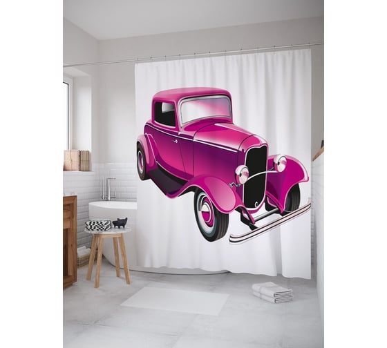 Штора (занавеска) для ванной JoyArty "Авто ретро" из сатена, 180х200 см с крючками, sc_38985 1