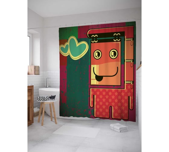 Штора (занавеска) для ванной JoyArty "Монстрик с сердцем" из сатена, 180х200 см с крючками, sc_32596 1