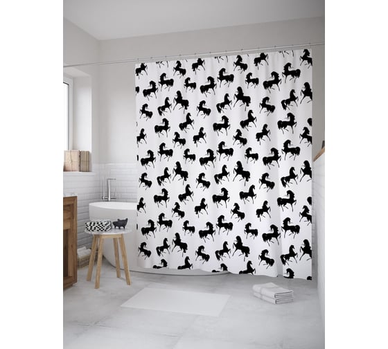 Штора (занавеска) для ванной JoyArty "Лошадка с пышным хвостом" из сатена, 180х200 см с крючками, sc_52428 1