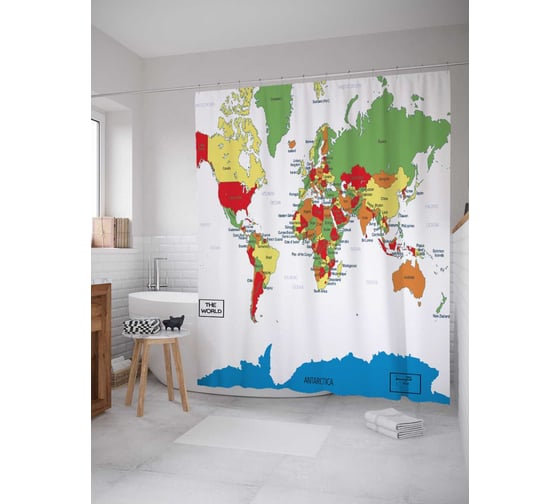 Штора (занавеска) для ванной JoyArty "Изображение мира" из сатена, 180х200 см с крючками, sc_5324 1