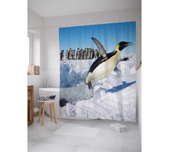 Штора (занавеска) для ванной JoyArty "Веселье у пингвинов" из сатена, 180х200 см с крючками, sc_4134 1