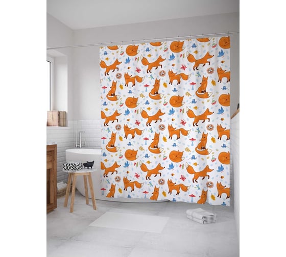 Штора (занавеска) для ванной JoyArty "Лисы на полянке" из сатена, 180х200 см с крючками, sc_58657 1