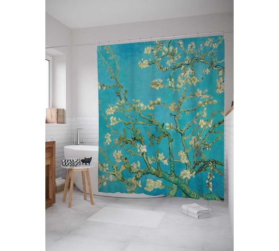 Штора (занавеска) для ванной JoyArty "Ветви с миндальным цветком" из сатена, 180х200 см с крючками, sc_6050 1