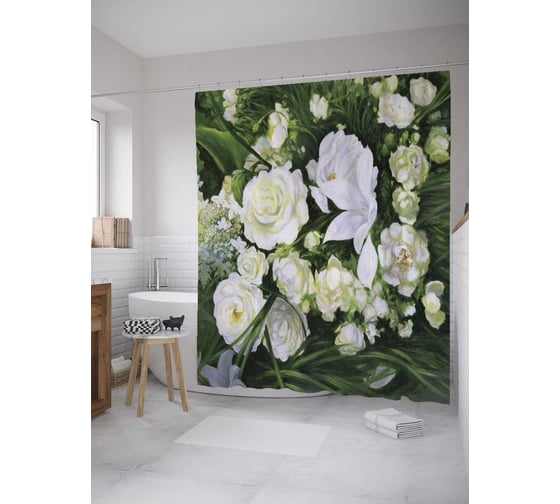 Штора (занавеска) для ванной JoyArty "Белые цветы" из сатена, 180х200 см с крючками, sc_9181 1