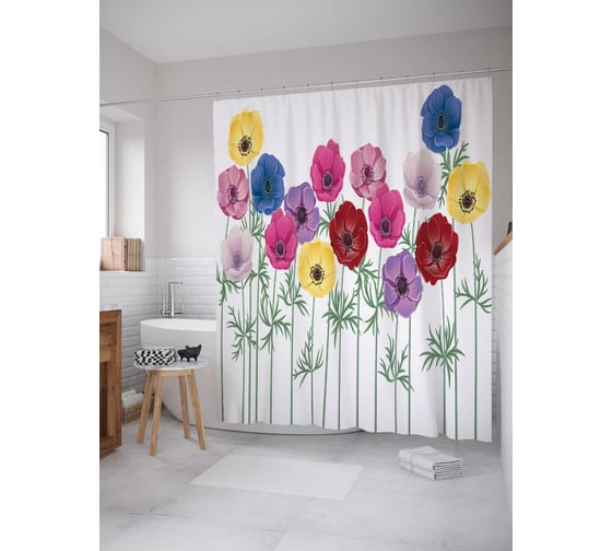 Штора (занавеска) для ванной JoyArty "Разноцветные цветы" из сатена, 180х200 см с крючками, sc_39636 1