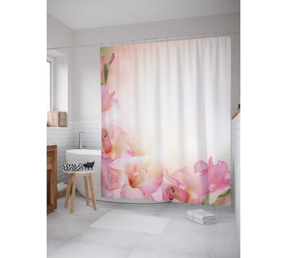 Штора (занавеска) для ванной JoyArty "Розовые лилии" из сатена, 180х200 см с крючками, sc_55130 1
