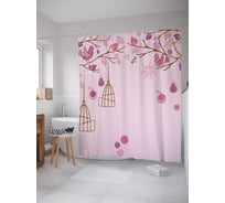 Штора (занавеска) для ванной JoyArty "Птички на розовом дереве" из сатена, 180х200 см с крючками, sc_4080