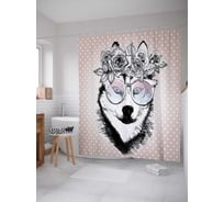 Штора (занавеска) для ванной JoyArty "Модный Хаски" из сатена, 180х200 см с крючками, sc_39410