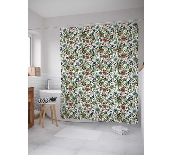 Штора (занавеска) для ванной JoyArty "Цветы и листья" из сатена, 180х200 см с крючками, sc_57766 1