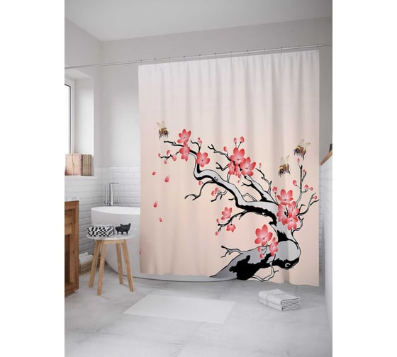 Штора (занавеска) для ванной JoyArty "Оживленные цветы" из сатена, 180х200 см с крючками, sc_14304 1