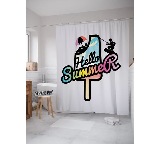 Штора (занавеска) для ванной JoyArty "Привет летний отдых" из сатена, 180х200 см с крючками, sc_52960 1