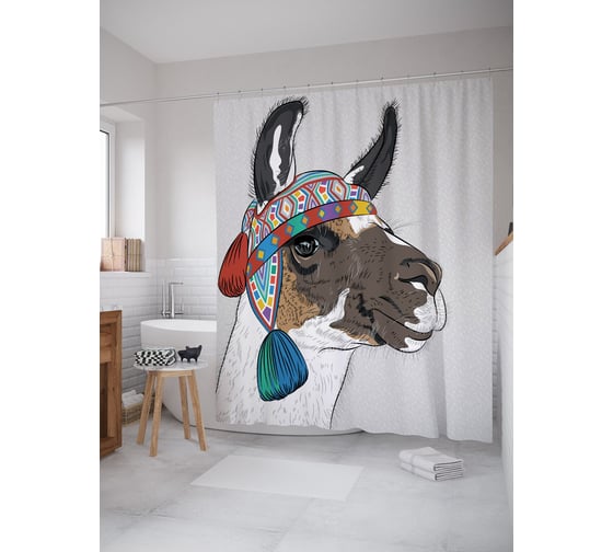 Штора (занавеска) для ванной JoyArty "Лама в головном уборе" из сатена, 180х200 см с крючками, sc_53964 1