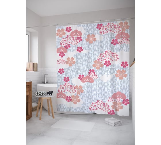 Штора (занавеска) для ванной JoyArty "Цветы в облаках" из сатена, 180х200 см с крючками, sc_58552 1