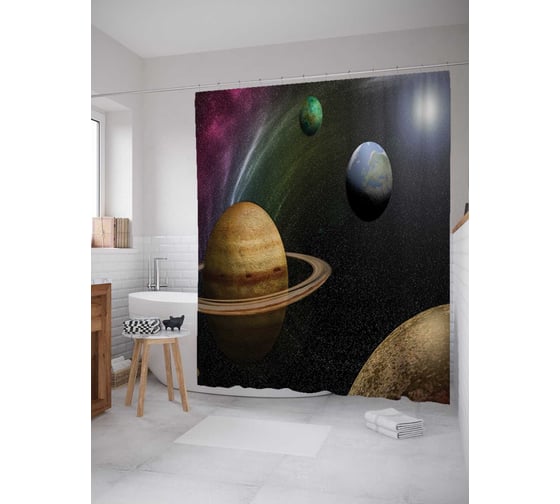 Штора (занавеска) для ванной JoyArty "Парад планет" из сатена, 180х200 см с крючками, sc_5341 1