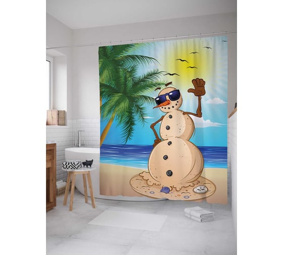 Штора (занавеска) для ванной JoyArty "Привет от песочного снеговика" из сатена, 180х200 см с крючками, sc_5589 1