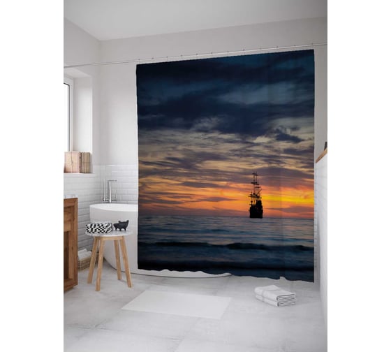 Штора (занавеска) для ванной JoyArty "Парусник на якорной стоянке" из сатена, 180х200 см с крючками, sc_38216 1