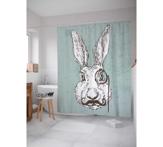 Штора (занавеска) для ванной JoyArty "Заяц-джентльмен" из сатена, 180х200 см с крючками, sc_54022 1