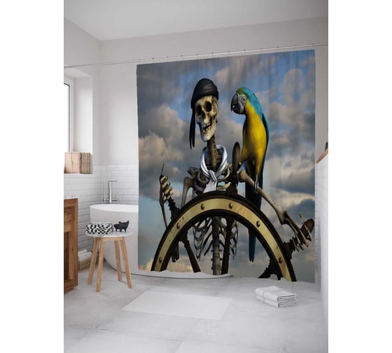 Штора (занавеска) для ванной JoyArty "Скелет и попугай" из сатена, 180х200 см с крючками, sc_38234 1