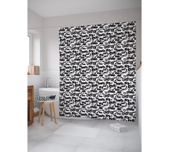 Штора (занавеска) для ванной JoyArty "Мотоциклы ретро" из сатена, 180х200 см с крючками, sc_54315