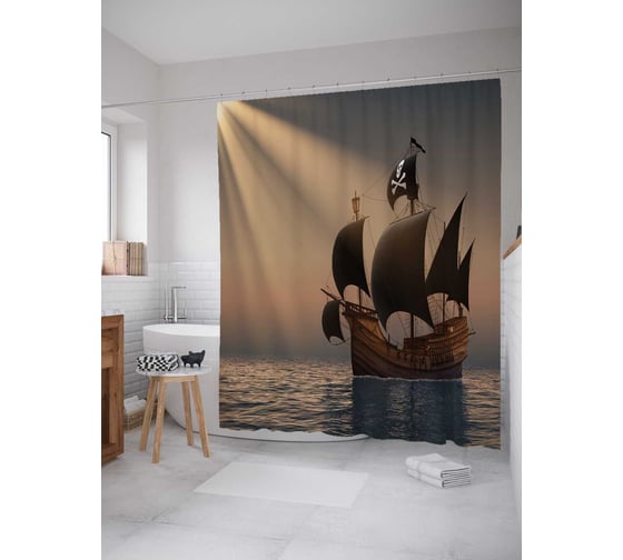 Штора (занавеска) для ванной JoyArty "Пиратский корабль в лунных лучах" из сатена, 180х200 см с крючками, sc_38222 1