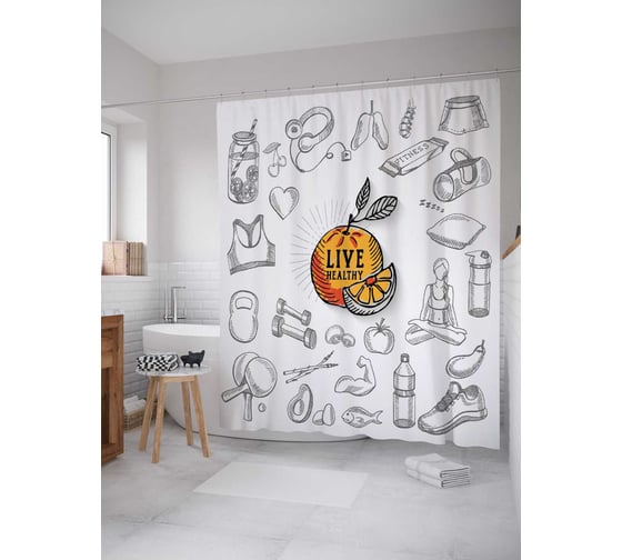 Штора (занавеска) для ванной JoyArty "Здоровая жизнь" из сатена, 180х200 см с крючками, sc_36966 1