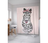 Штора (занавеска) для ванной JoyArty "Котик в косынке" из сатена, 180х200 см с крючками, sc_37250