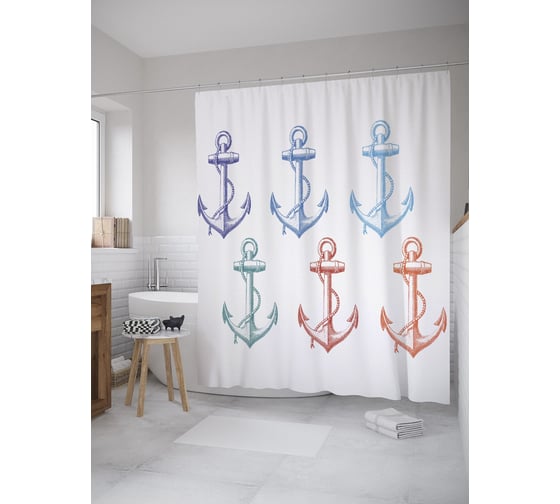 Штора (занавеска) для ванной JoyArty "Рисунок морского якоря" из сатена, 180х200 см с крючками, sc_60131 1