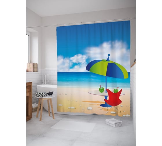 Штора (занавеска) для ванной JoyArty "Столик под зонтиком на пляже" из сатена, 180х200 см с крючками, sc_53174 1