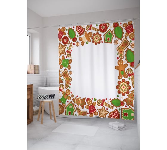 Штора (занавеска) для ванной JoyArty "Имбирные пряники" из сатена, 180х200 см с крючками, sc_53282 1