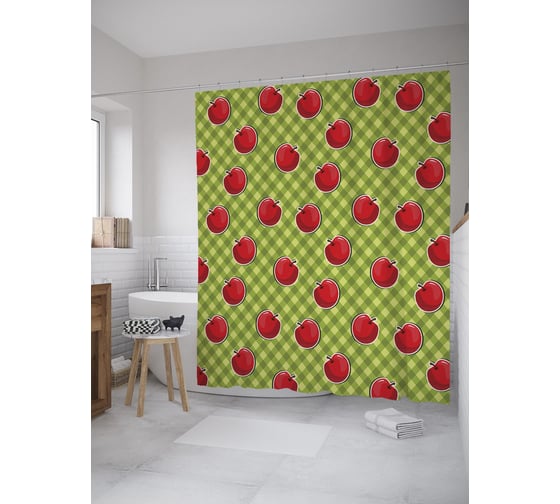 Штора (занавеска) для ванной JoyArty "Спелые яблоки" из сатена, 180х200 см с крючками, sc_52719 1