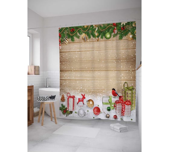 Штора (занавеска) для ванной JoyArty "Клубнички на торте" из сатена, 180х200 см с крючками, sc_34231 1