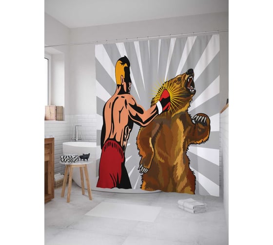 Штора (занавеска) для ванной JoyArty "Медведь в боксе" из сатена, 180х200 см с крючками, sc_5379