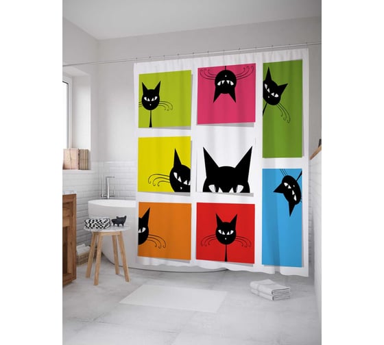 Штора (занавеска) для ванной JoyArty "Любопытный кот" из сатена, 180х200 см с крючками, sc_38586 1