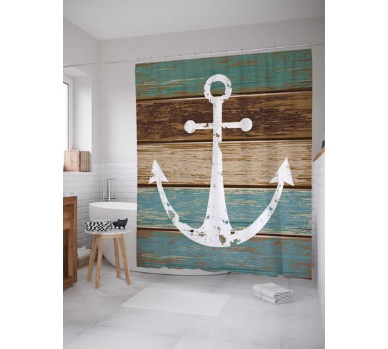 Штора (занавеска) для ванной JoyArty "Якорь с потертостями" из сатена, 180х200 см с крючками, sc_5014 1
