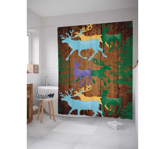 Штора (занавеска) для ванной JoyArty "Красочные олени на деревянных досках" из сатена, 180х200 см с крючками, sc_5480 1