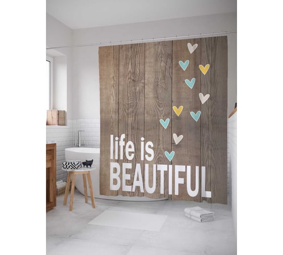 Штора (занавеска) для ванной JoyArty "Надпись"Жизнь прекрасна"" из сатена, 180х200 см с крючками, sc_5211 1
