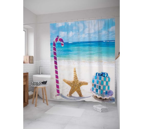 Штора (занавеска) для ванной JoyArty "Морское рождество" из сатена, 180х200 см с крючками, sc_5590 1