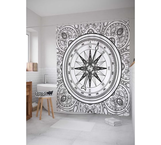 Штора (занавеска) для ванной JoyArty "Компас в ажуре" из сатена, 180х200 см с крючками, sc_38928 1