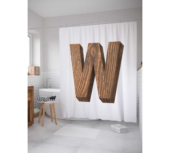 Штора (занавеска) для ванной JoyArty "W из дерева" из сатена, 180х200 см с крючками, sc_4532w 1