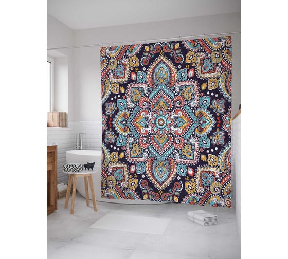 Штора (занавеска) для ванной JoyArty "Цветочный орнамент" из сатена, 180х200 см с крючками, sc_33877 1