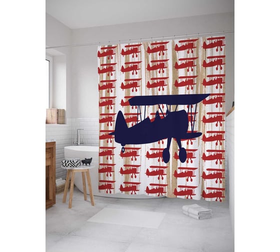 Штора (занавеска) для ванной JoyArty "Самолетный марш" из сатена, 180х200 см с крючками, sc_5608 1