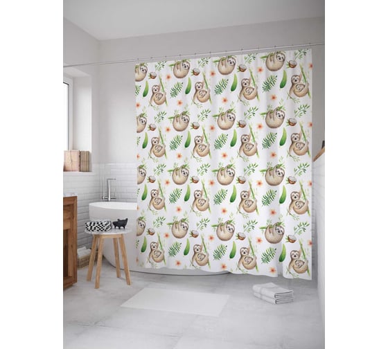 Штора (занавеска) для ванной JoyArty "Модный ленивец" из сатена, 180х200 см с крючками, sc_37840 1