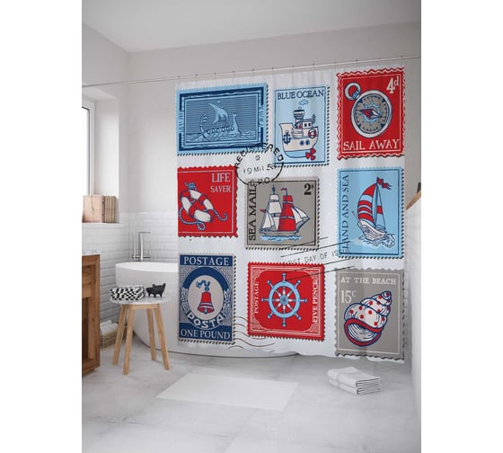 Штора (занавеска) для ванной JoyArty "Морские почтовые марки" из сатена, 180х200 см с крючками, sc_4275 1