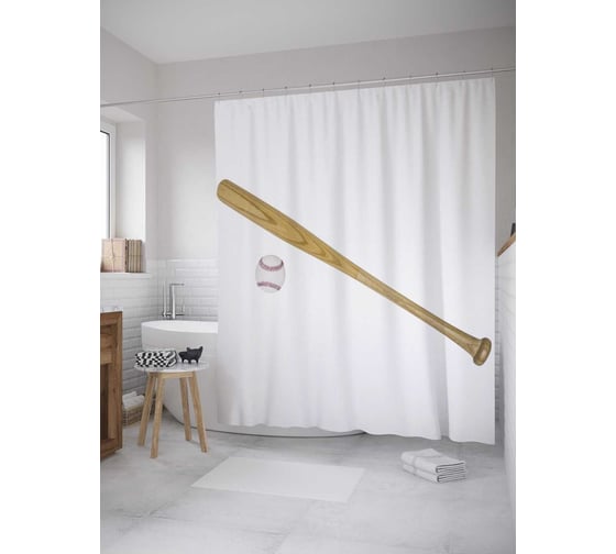 Штора (занавеска) для ванной JoyArty "Бейсбольный удар" из сатена, 180х200 см с крючками, sc_8724 1