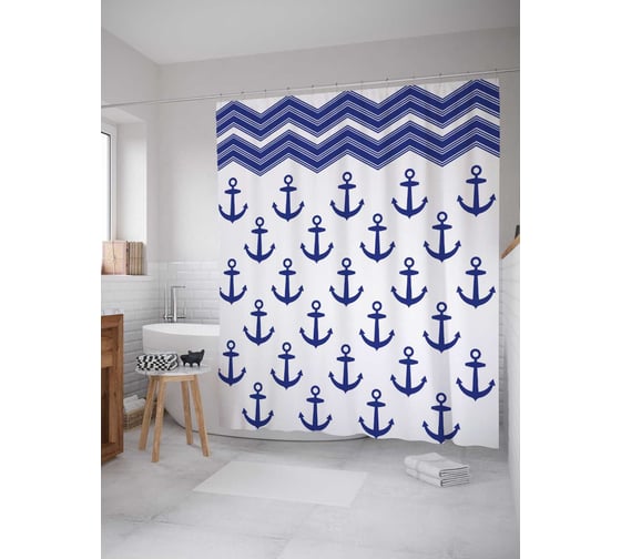 Штора (занавеска) для ванной JoyArty "Якоря и зигзаги" из сатена, 180х200 см с крючками, sc_5094 1