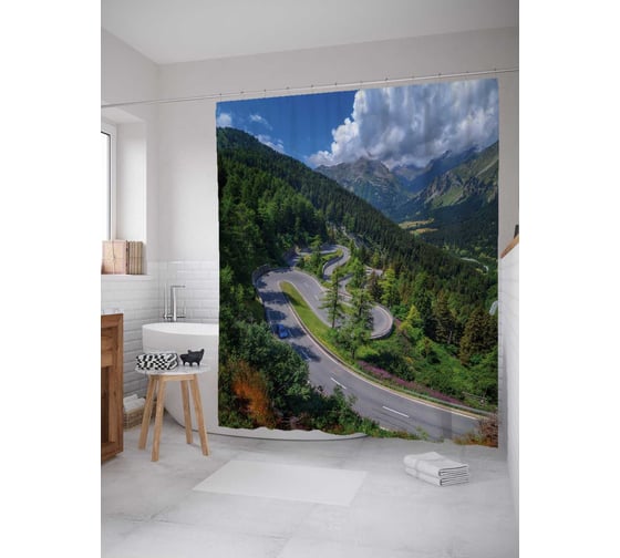 Штора (занавеска) для ванной JoyArty "Горная трасса" из сатена, 180х200 см с крючками, sc_32822 1